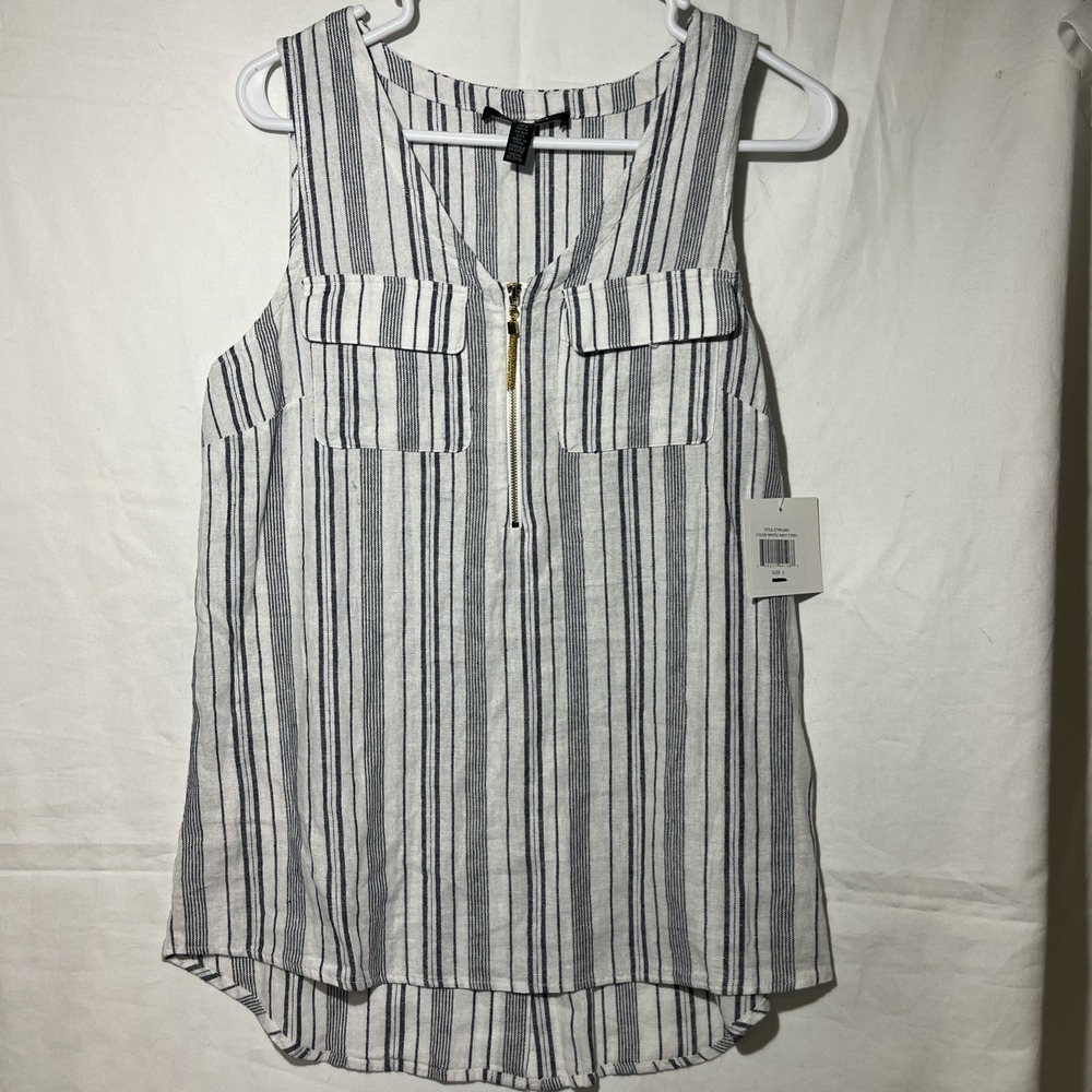 NWT Ellen‎ Tracy Women's S Linen Blouse Blue Striped Sleeveless Beachy Tank Zip
